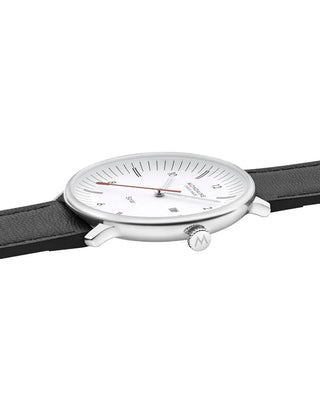 Angle shot of Mondaine MLE.41910.LBV White Dial Black Leather Unisex Watch on white background
