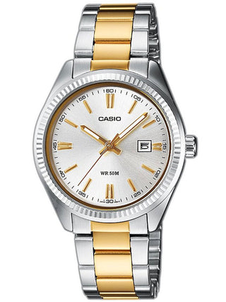 Front view of Casio Date Champagne Two Tones MTP-1302PSG-7AVEF Silver Dial Gold Stainless Steel Unisex Watch on white background