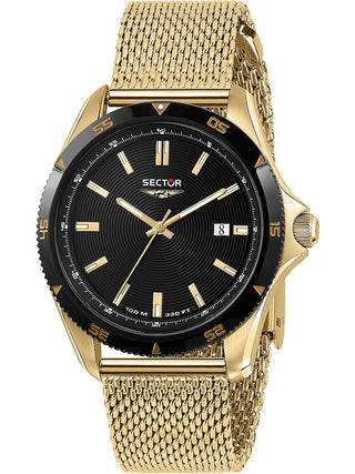 Front view of Sector R3253231003 Black Dial Gold Stainless Steel Unisex Watch on white background