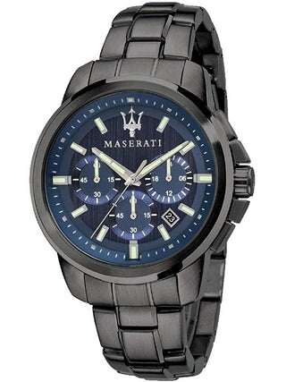 Front view of Maserati Successo Chronograph R8873621005 Blue Dial Grey Stainless Steel Mens Watch on white background