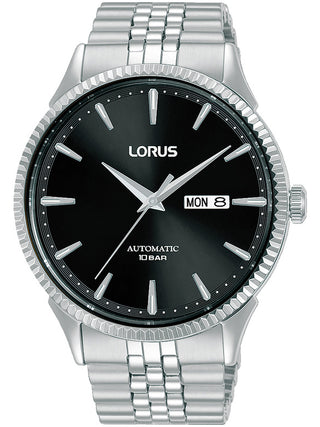 Front view of Lorus RL471AX9 Black Dial Silver Stainless Steel Unisex Watch on white background