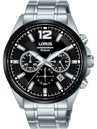 Front view of Lorus Chronograph RT381JX9 Black Dial Silver Stainless Steel Unisex Watch on white background