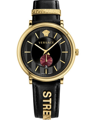 Front view of Versace VBQ050017 Black Leather Unisex Watch on white background