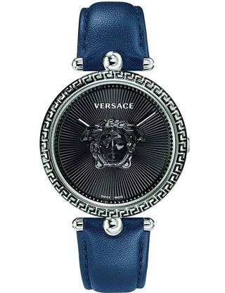 Front view of Versace VCO080017 Black Dial Blue Leather Womens Watch on white background