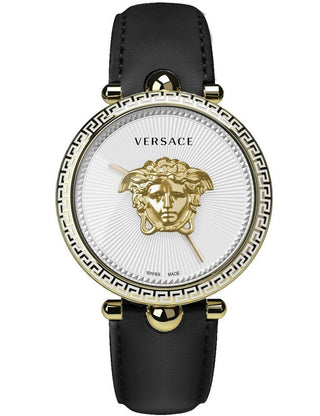 Front view of Versace VCO140017 White Dial Black Leather Womens Watch on white background