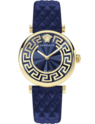 Front view of Versace VE1CA0223 Blue Leather Womens Watch on white background