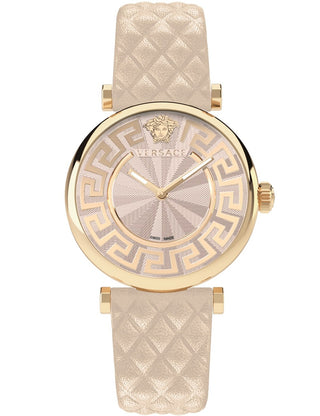 Front view of Versace VE1CA0323 Rose Gold Dial Leather Womens Watch on white background