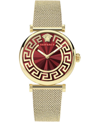 Front view of Versace VE1CA0523 Red Dial Gold Stainless Steel Womens Watch on white background