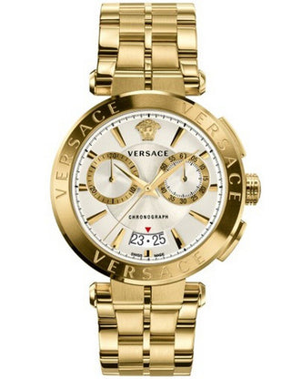 Front view of Versace Chronograph VE1D01920 Silver Dial Gold Stainless Steel Unisex Watch on white background