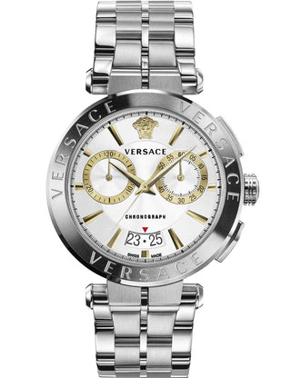 Front view of Versace Chronograph VE1D02323 Silver Stainless Steel Unisex Watch on white background