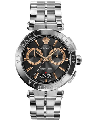 Front view of Versace Chronograph VE1D02423 Black Dial Silver Stainless Steel Unisex Watch on white background