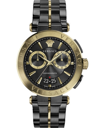 Front view of Versace Chronograph VE1D02723 Black Dial Gold Stainless Steel Unisex Watch on white background