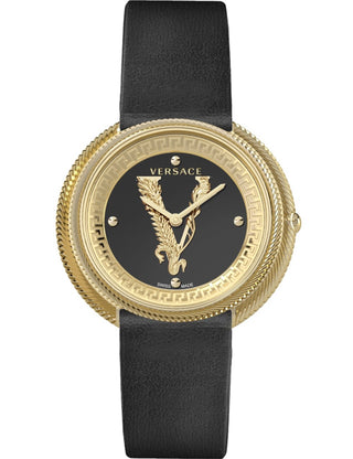 Front view of Versace VE2CA0323 Black Leather Womens Watch on white background