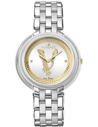 Front view of Versace VE2CA0523 Silver Stainless Steel Womens Watch on white background