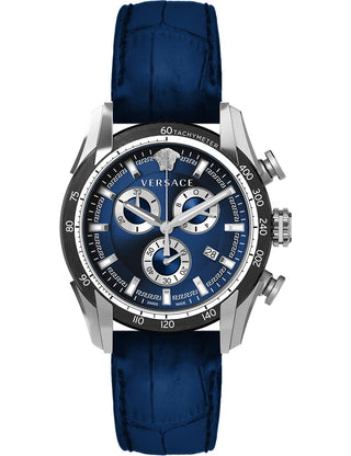 Front view of Versace Chronograph VE2I00721 Blue Leather Unisex Watch on white background