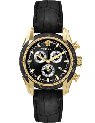 Front view of Versace Chronograph VE2I00921 Black Leather Unisex Watch on white background