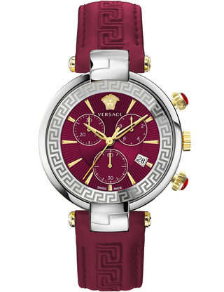 Front view of Versace Chronograph VE2M00821 Red Dial Leather Womens Watch on white background