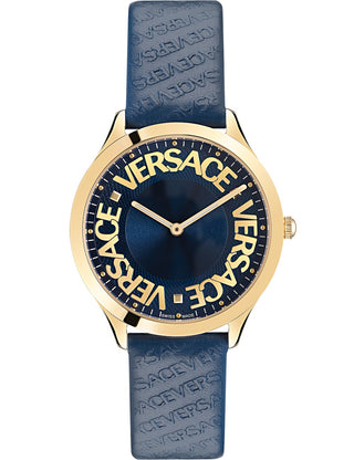 Front view of Versace VE2O00322 Blue Leather Womens Watch on white background