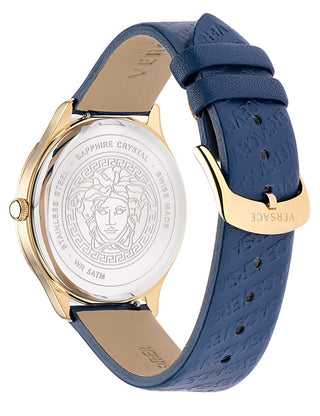 Angle shot of Versace VE2O00322 Blue Leather Womens Watch on white background