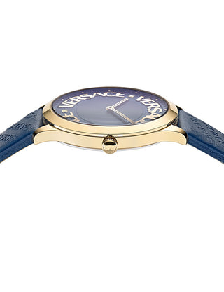Angle shot of Versace VE2O00322 Blue Leather Womens Watch on white background