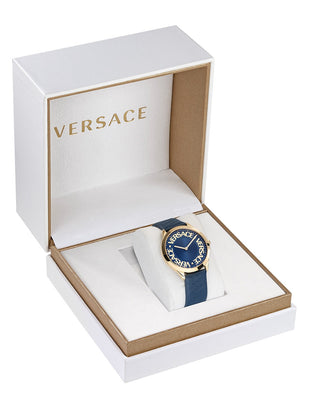 Angle shot of Versace VE2O00322 Blue Leather Womens Watch on white background