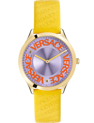 Front view of Versace VE2O00822 Purple Dial Yellow Leather Womens Watch on white background
