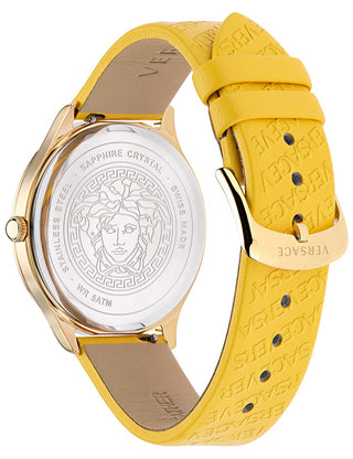 Angle shot of Versace VE2O00822 Purple Dial Yellow Leather Womens Watch on white background