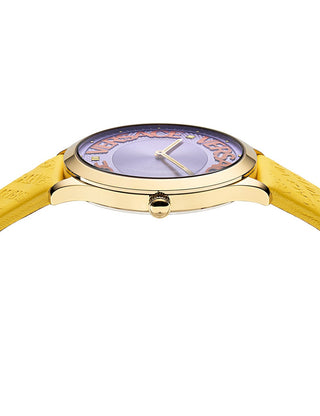 Angle shot of Versace VE2O00822 Purple Dial Yellow Leather Womens Watch on white background
