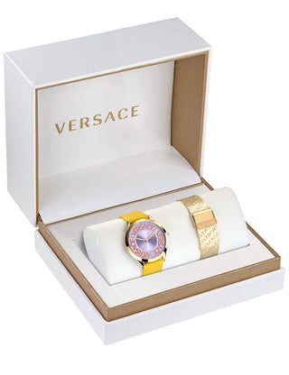 Angle shot of Versace VE2O00822 Purple Dial Yellow Leather Womens Watch on white background