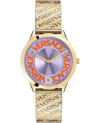 Angle shot of Versace VE2O00822 Purple Dial Yellow Leather Womens Watch on white background