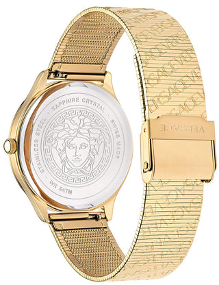 Angle shot of Versace VE2O00822 Purple Dial Yellow Leather Womens Watch on white background