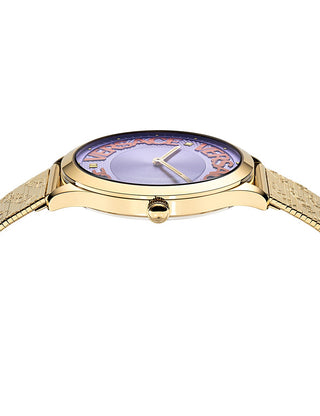 Angle shot of Versace VE2O00822 Purple Dial Yellow Leather Womens Watch on white background