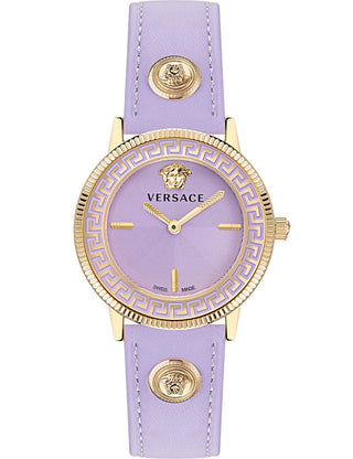 Front view of Versace VE2P00322 Purple Leather Womens Watch on white background