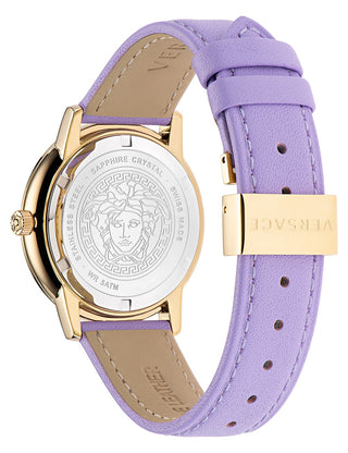 Angle shot of Versace VE2P00322 Purple Leather Womens Watch on white background