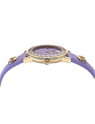 Angle shot of Versace VE2P00322 Purple Leather Womens Watch on white background
