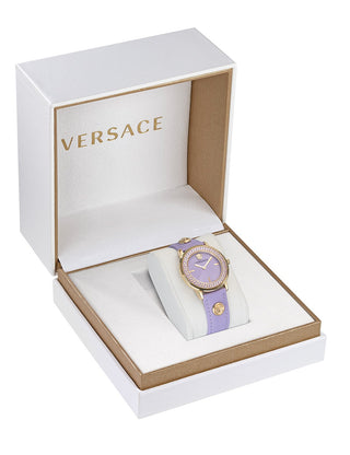 Angle shot of Versace VE2P00322 Purple Leather Womens Watch on white background
