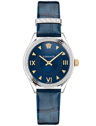 Front view of Versace VE2S00122 Blue Leather Womens Watch on white background