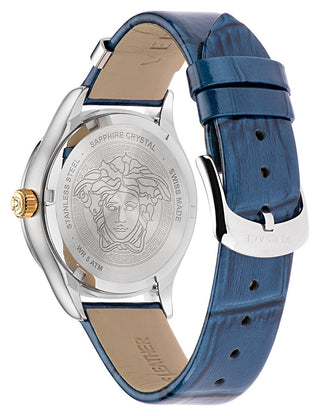 Angle shot of Versace VE2S00122 Blue Leather Womens Watch on white background