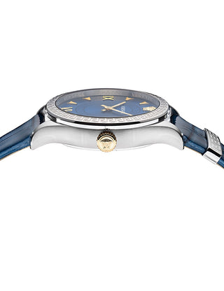 Angle shot of Versace VE2S00122 Blue Leather Womens Watch on white background