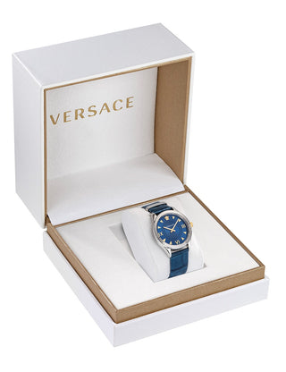 Angle shot of Versace VE2S00122 Blue Leather Womens Watch on white background