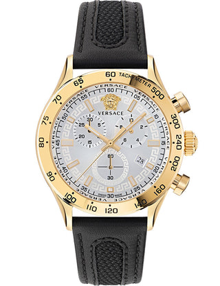 Front view of Versace Chronograph VE2U00222 White Dial Black Leather Unisex Watch on white background
