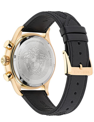 Angle shot of Versace Chronograph VE2U00222 White Dial Black Leather Unisex Watch on white background
