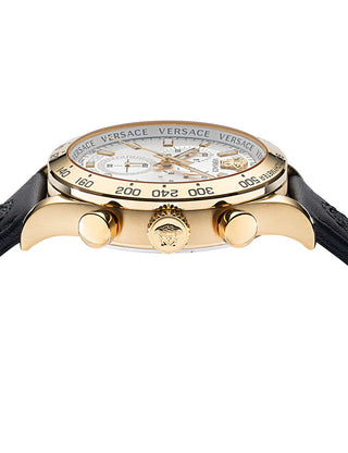 Angle shot of Versace Chronograph VE2U00222 White Dial Black Leather Unisex Watch on white background