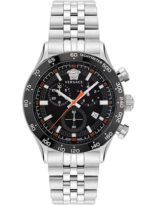 Front view of Versace Chronograph VE2U00322 Black Dial Silver Stainless Steel Unisex Watch on white background