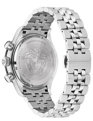 Angle shot of Versace Chronograph VE2U00322 Black Dial Silver Stainless Steel Unisex Watch on white background