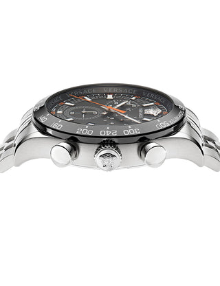 Angle shot of Versace Chronograph VE2U00322 Black Dial Silver Stainless Steel Unisex Watch on white background