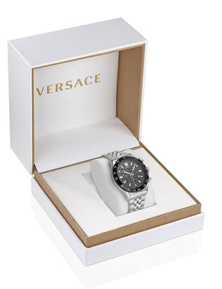 Angle shot of Versace Chronograph VE2U00322 Black Dial Silver Stainless Steel Unisex Watch on white background