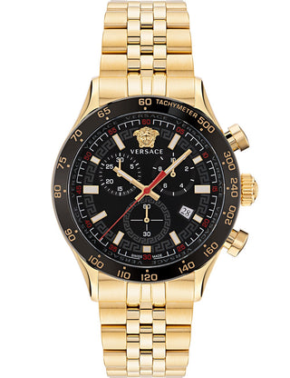 Front view of Versace Chronograph VE2U00622 Black Dial Gold Stainless Steel Unisex Watch on white background