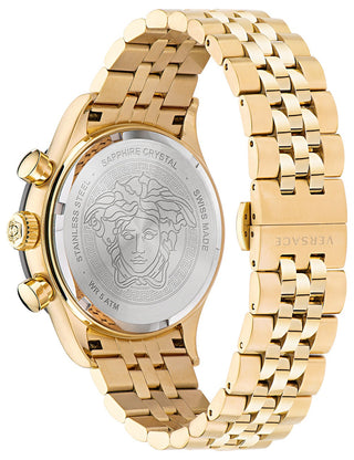 Angle shot of Versace Chronograph VE2U00622 Black Dial Gold Stainless Steel Unisex Watch on white background
