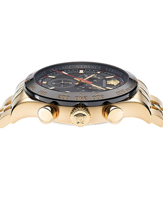 Angle shot of Versace Chronograph VE2U00622 Black Dial Gold Stainless Steel Unisex Watch on white background